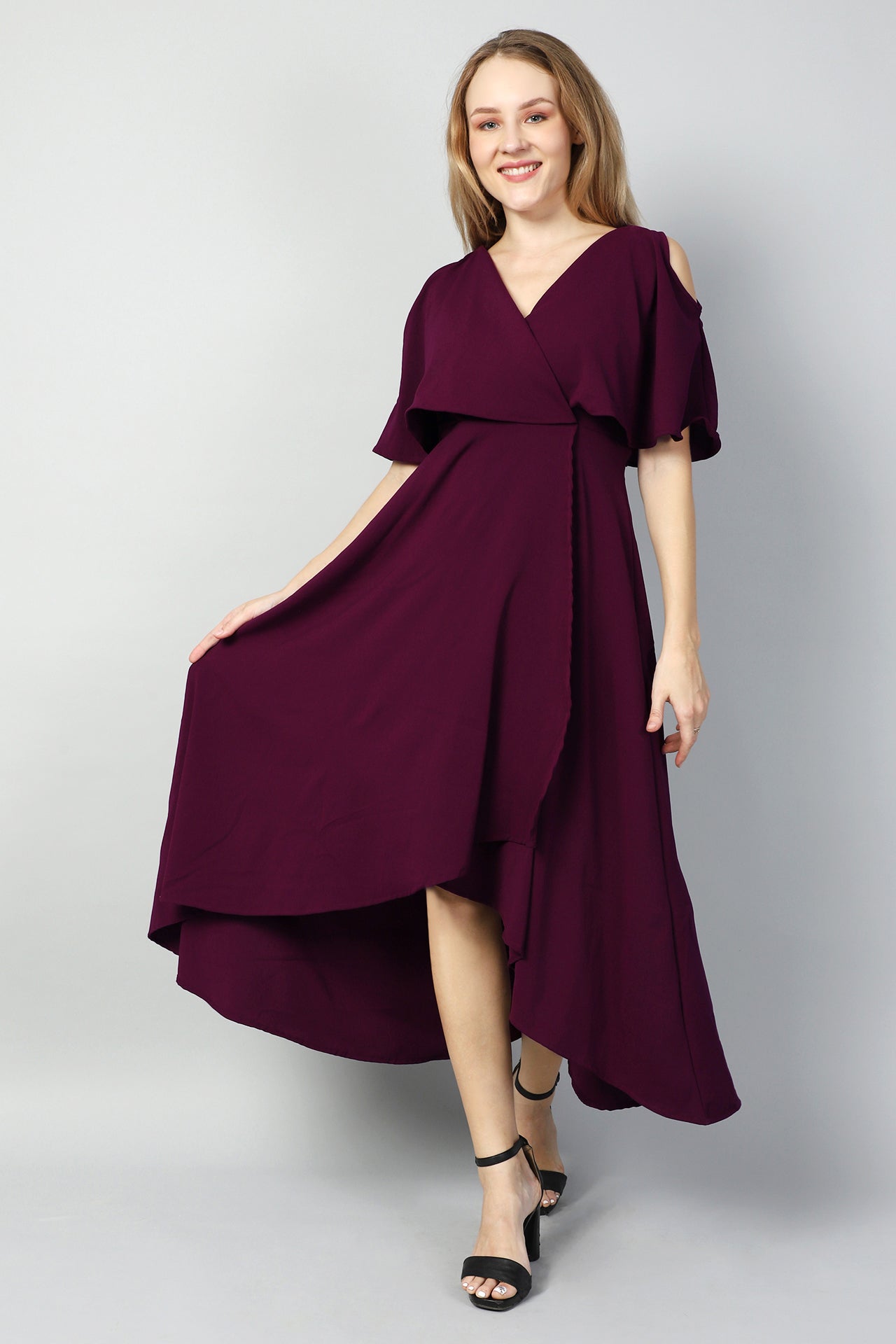 Asymmetric V-Neck Cold Shoulder Overlap Front Cut Dress