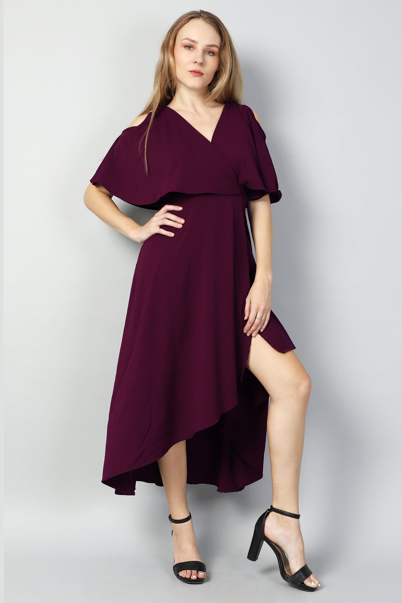 Asymmetric V-Neck Cold Shoulder Overlap Front Cut Dress