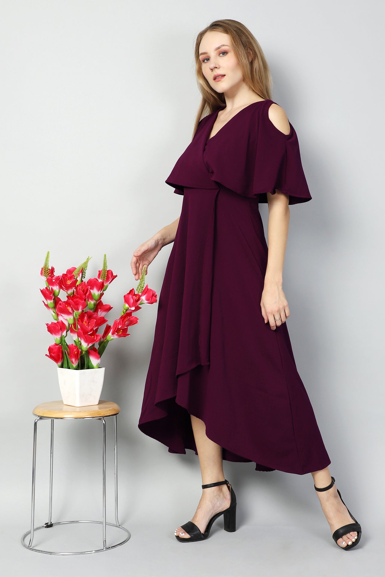 Asymmetric V-Neck Cold Shoulder Overlap Front Cut Dress